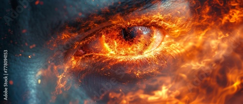 a close up of a fire eye in the middle of a dark blue and orange background with fire and smoke surrounding it.