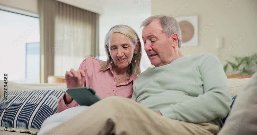 Mature, couple and relax with tablet in home with website for streaming movies or tv show on sofa. Happy, man and woman with tech to scroll online with social media, chat about post and reading news