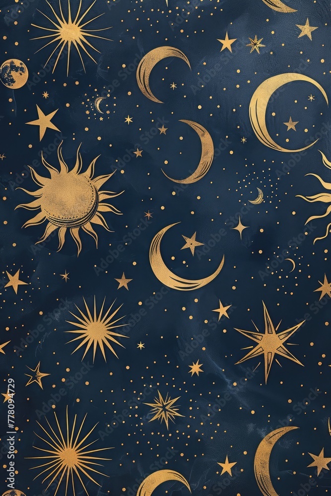 Moons and suns, in the style of hand drawn celestial illustrations Moons and suns, in the style of hand drawn celestial illustrations