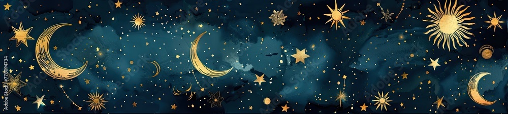 Moons and suns, in the style of hand drawn celestial illustrations Moons and suns, in the style of hand drawn celestial illustrations