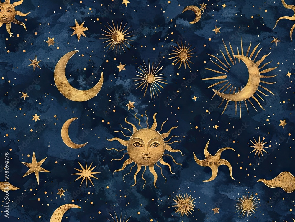 Moons and suns, in the style of hand drawn celestial illustrations Moons and suns, in the style of hand drawn celestial illustrations