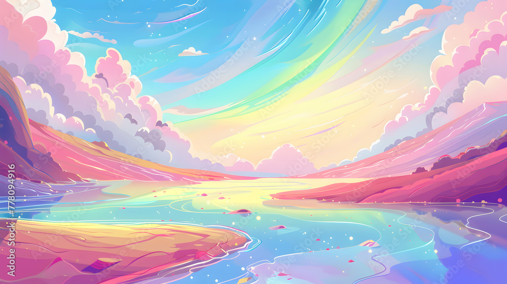 Background featuring a fantasy landscape where the ground itself ripples with liquified rainbow pastel colors, reflecting the dreams and aspirations of the LGBTQ+ community during Pride Month. Background featuring a fantasy landscape where the ground itself ripples with liquified rainbow pastel colors, reflecting the dreams and aspirations of the LGBTQ+ community during Pride Month.