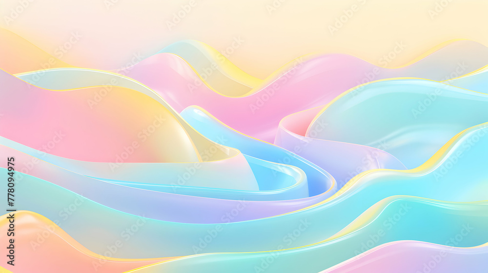 Fototapeta premium Abstract background with waves. A pastel rainbow flowing like a river through a minimalist landscape, with liquified curves creating a serene path.