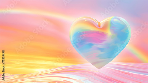 Heart shaped balloons. the joy of Pride Month, featuring a heart-shaped liquified rainbow in pastel colors, set against a soft, inviting sky background. 