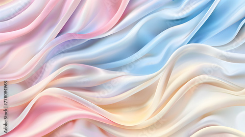 Abstract background with waves. A liquified effect that creates smooth, flowing patterns in blue, pink pastel, and ivory. The design evokes the elegance and softness of luxurious fabric.