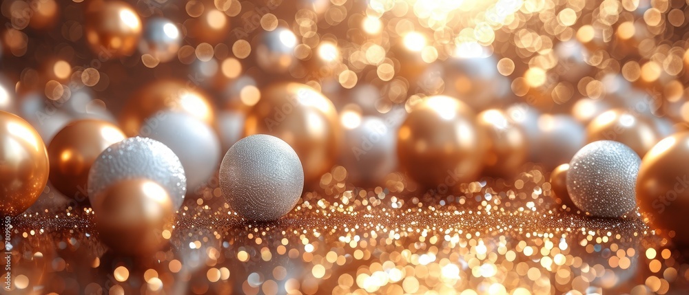 a group of gold and white ornaments sitting on top of a glitter covered ground with a sun shining in the background. a group of gold and white ornaments sitting on top of a glitter covered ground with a sun shining in the background.