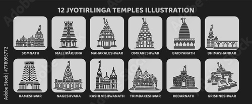 12 Jyotirlinga temples vector icon set. 12 Shivas Mandir illustration.