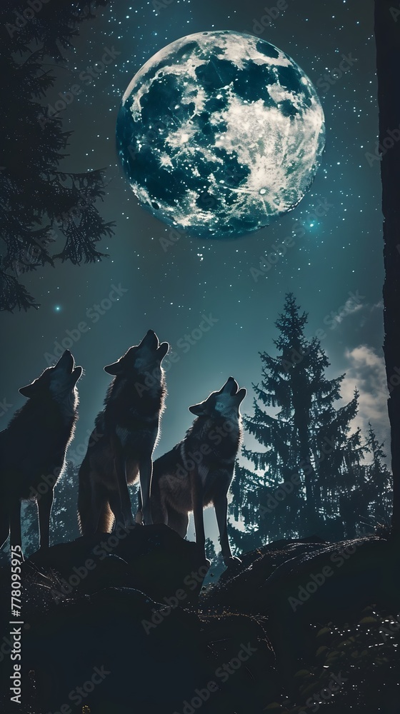 Pack of Wolves Howling in Unison under the Moonlit Forest Sky