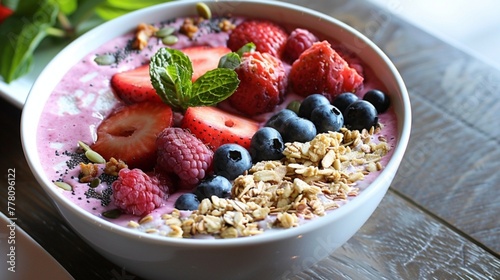 A refreshing post-workout smoothie bowl, topped with an assortment of fresh fruit, nuts, seeds, and granola for a delicious and nutritious treat.