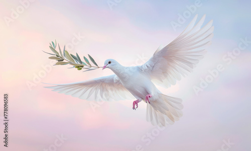 a white dove of peace in flight carrying a green olive branch against a background of a gentle pastel sky. Symbol of peace and pacifism photo