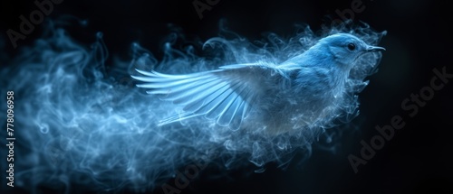 a blue bird flying through the air with a lot of smoke coming out of it's back and wings.