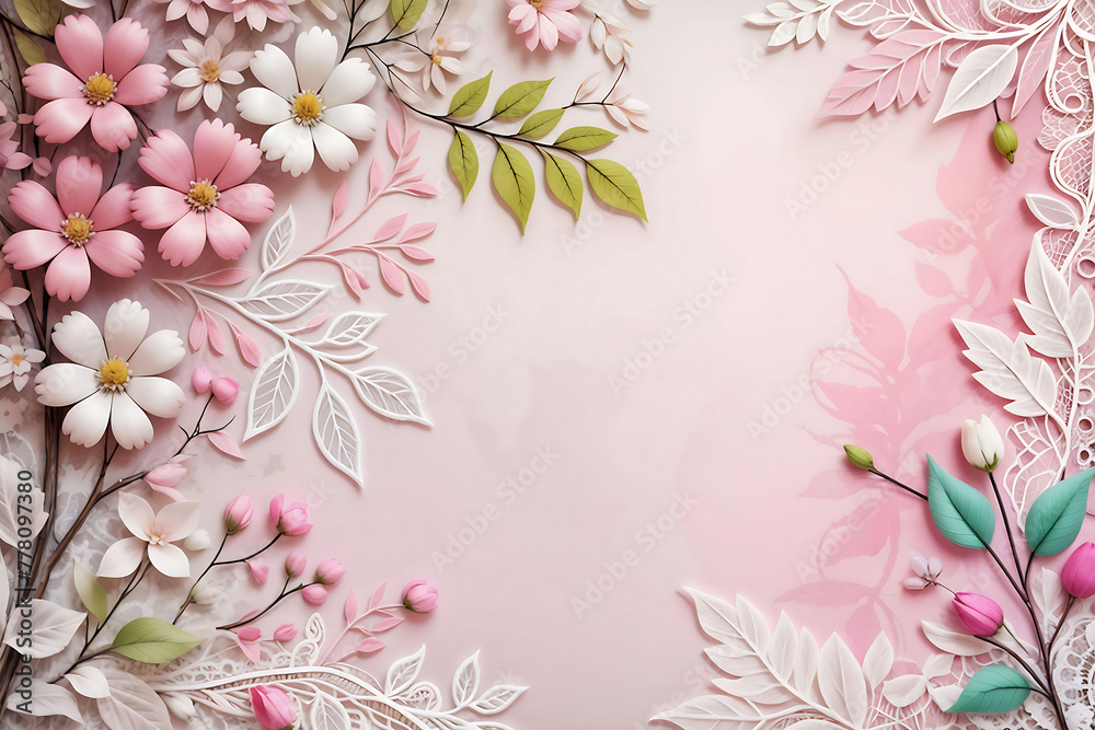 white pink pastel color spring flowers minimalism abstract background. fantasy petals leaves branch pattern design arts and summer flowers with free space on middle
