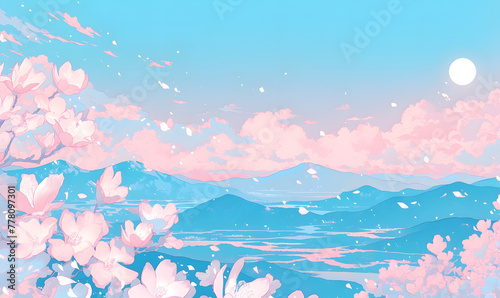 pale pink moon on the top, white magnolia flowers, Generative AI  © simba kim