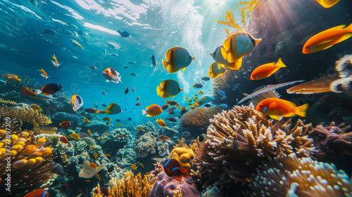 A vivid underwater landscape with colorful tropical fish swimming among coral reefs, illuminated by streaming sunlight from above.