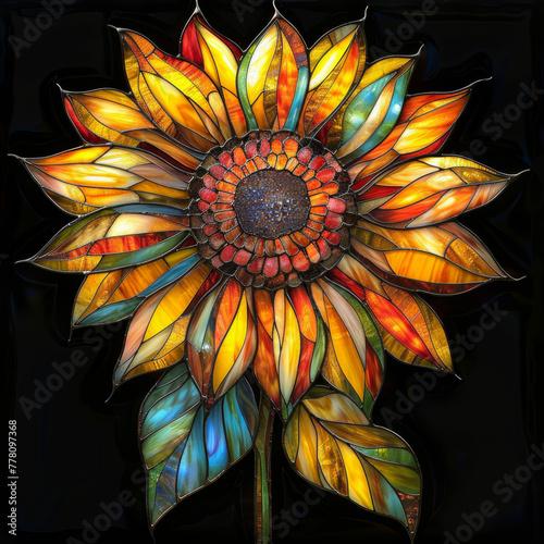 An exquisite stained glass sunflower art piece with radiant colors and intricate details, highlighted against a dark background.