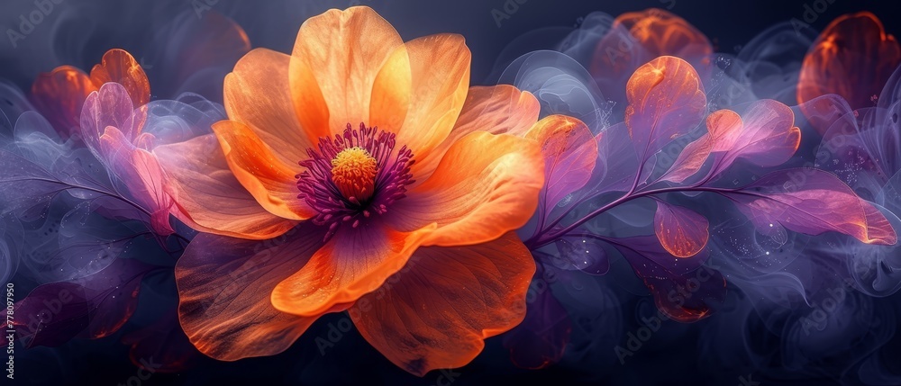 a close up of an orange and purple flower with smoke coming out of the center of the flower and the center of the flower. a close up of an orange and purple flower with smoke coming out of the center of the flower and the center of the flower.