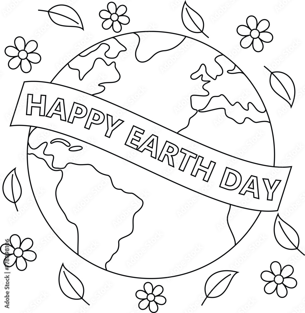 Cute Happy Earth Day coloring page, vector printable worksheets for preschool. - obrazy, fototapety, plakaty 