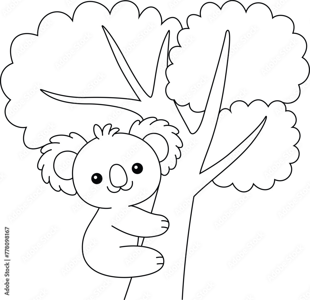 Cute kawaii koala on the tree cartoon character coloring page, vector ...