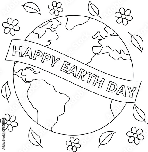 Cute Happy Earth Day coloring page, vector printable worksheets for preschool.