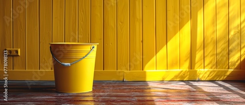 a yellow bucket sitting on top of a wooden floor next to a yellow wall with a shadow cast on it.