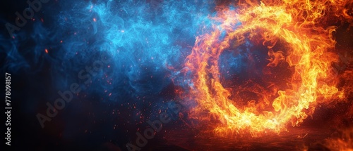 a close up of a ring of fire in the middle of a dark background with blue and orange smoke coming out of it.