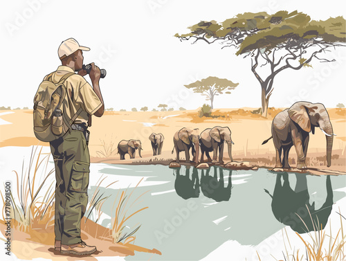 park ranger observing elephants in a serene wilderness