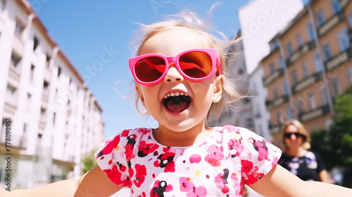 Funny kid girl playing outdoor surprised emotional child in sunglasses 3 years old baby raised hands family vacations