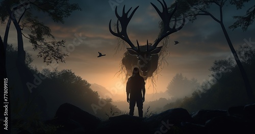 photo taken from behind head of a massive stag staring at distant cavemen evening forest photo