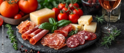 a plate of meats, cheeses, tomatoes, and a glass of wine on a table with a glass of wine.