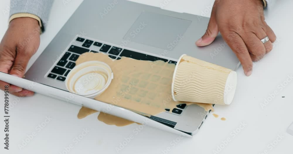Pc Clumsy Laptop, coffee and splash with mistake, problem and office accident ...