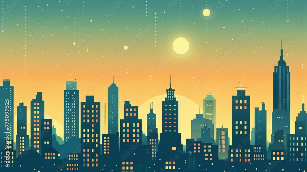 Tranquil skyline silhouette glowing with surreal warmth, featuring whimsical buildings and playful patterns in a flat design aesthetic