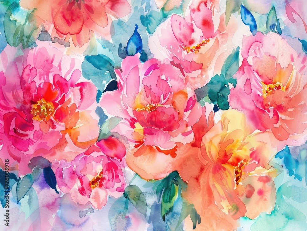 Vibrant Peony Watercolor Motifs with Soft Blended Hues and Dreamy Washes