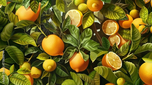 A juicy citrus grove with lemons and oranges heavy on the branches
