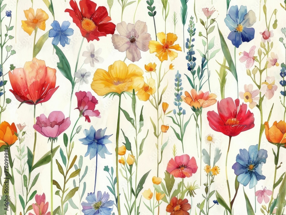 Vibrant Watercolor Wildflower Pattern of Nature s Diverse Beauty in Dazzling Floral Arrangement