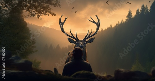 photo taken from behind head of a massive stag staring at distant cavemen evening forest photo