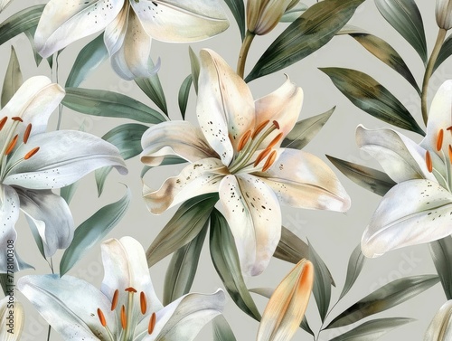 Elegant Watercolor Lily Floral Seamless Pattern for Tranquil and Refined Botanical Surface Design photo