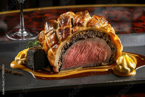 The intricate layers and components of a modern take on beef wellington through a visually striking and innovative art piece photo