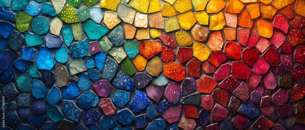 a close up of a multicolored wall with many different colors of glass in the middle of the wall. a close up of a multicolored wall with many different colors of glass in the middle of the wall.