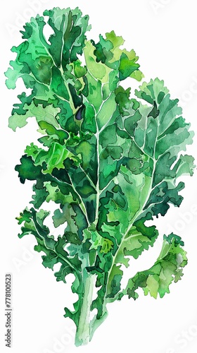 Kale leaves in watercolor, vibrant green hues, superfood vitality showcased on white