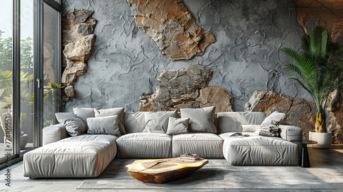 Interior photography of a corporate fit out reception waiting area in dark tones with aquarium, grey sofa with cushions, concrete flooring, aquarium, armchairs, side tables and decorative objects