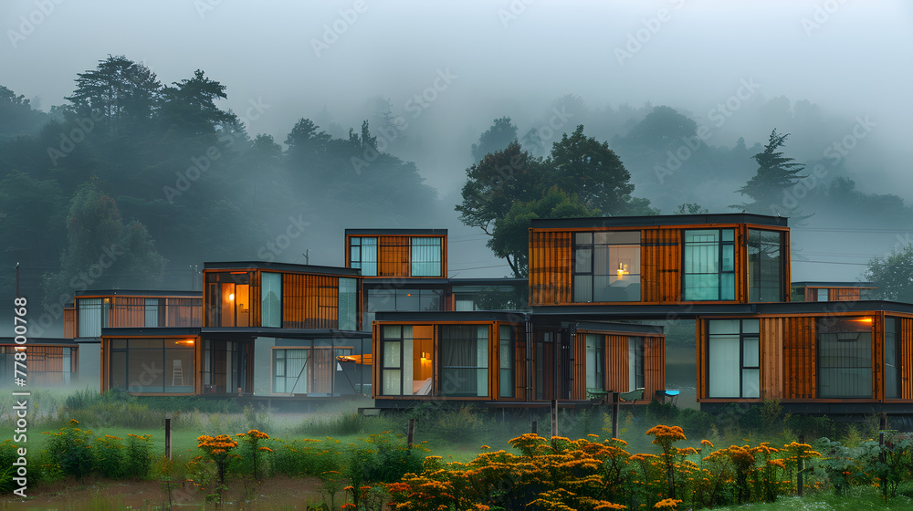 A modular home, with modular units stacked artistically as the background, during a foggy morning