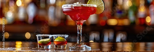 A sophisticated glass filled with a red margarita and rimmed with salt and lime. There are three tiny shot glasses with tequila next to the glass.