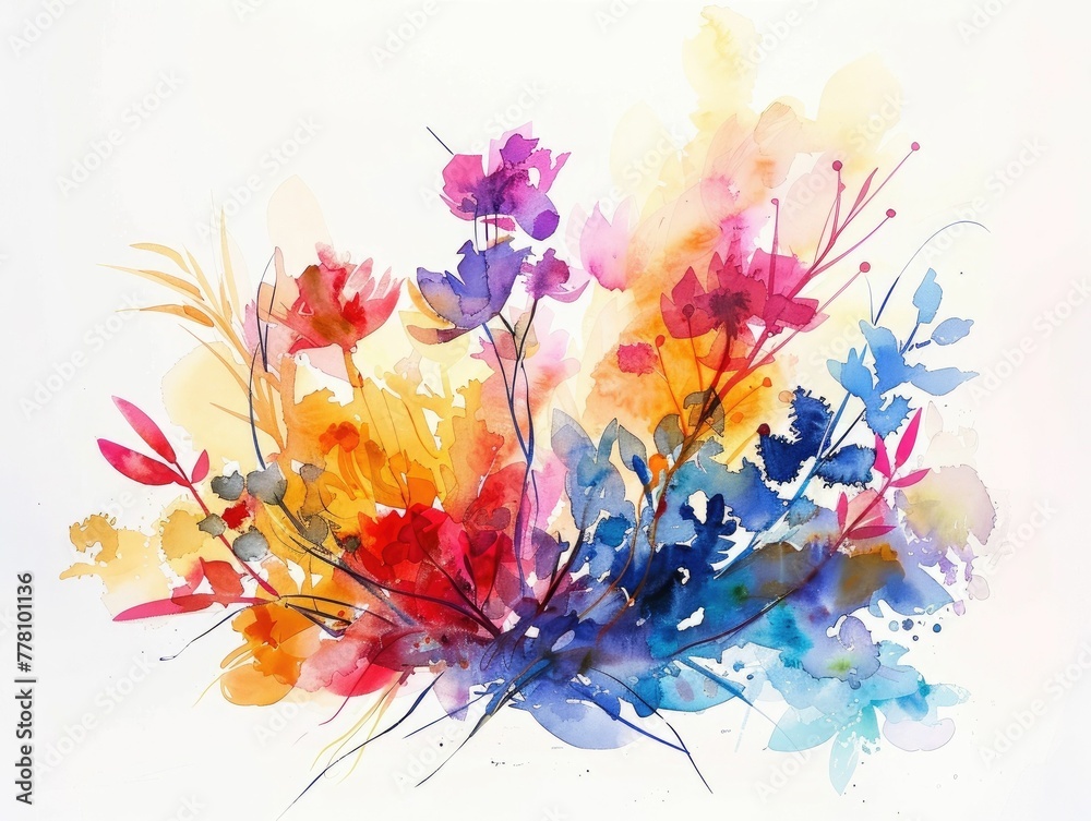 Vibrant Watercolor Fusion of Botanical Elements in Expressive Style