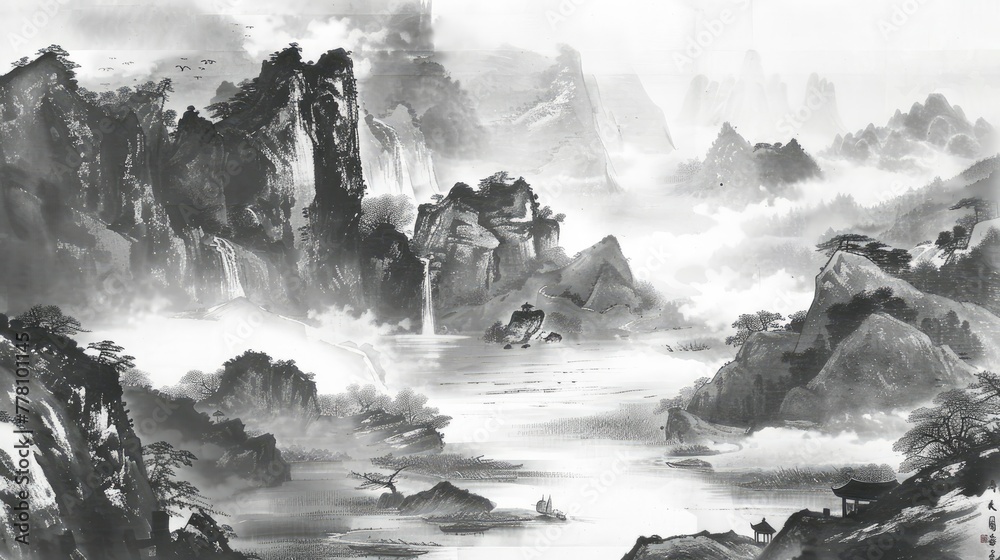 old Chinese landscape paintings in black and white