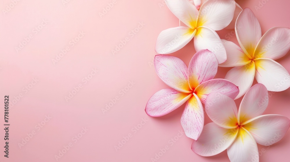 Over a pale pink backdrop, there is a stunning Frangipani Plumeria, a tropical spa flower.
