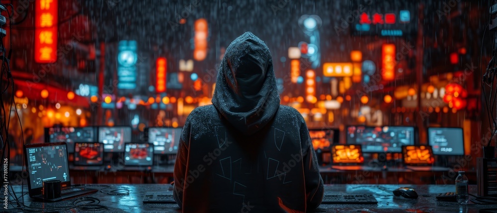 a man in a hooded jacket standing in front of a computer monitor in a dark room with neon lights in the background.
