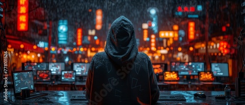 a man in a hooded jacket standing in front of a computer monitor in a dark room with neon lights in the background. © Mikus