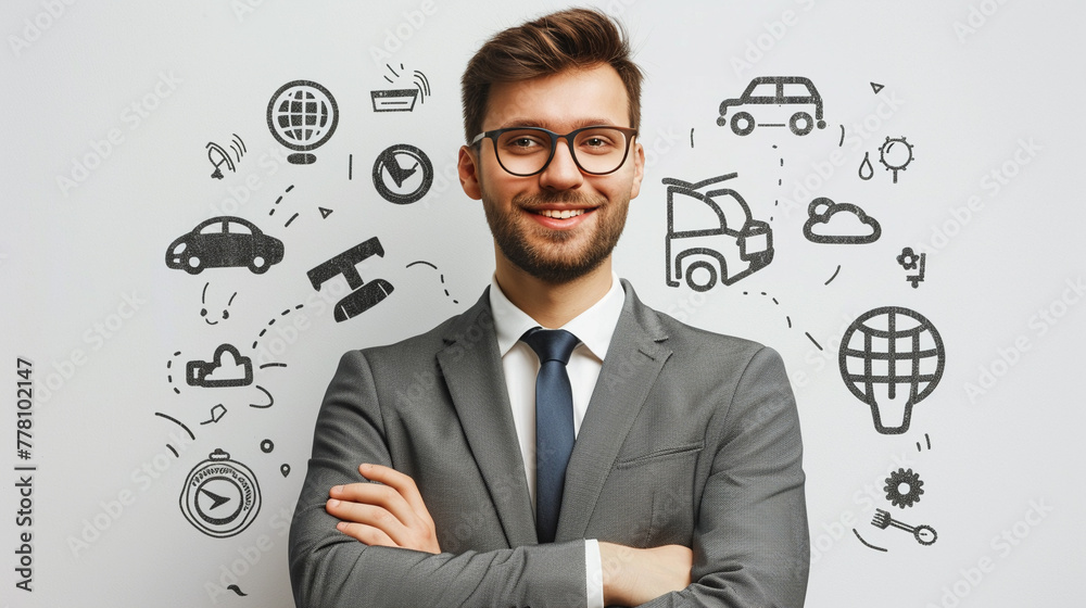 A businessman is depicted alongside various insurance symbols, highlighting his connection to the crucial services of car, family, life, and health insurance A businessman is depicted alongside various insurance symbols, highlighting his connection to the crucial services of car, family, life, and health insurance