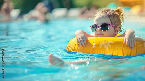 Cute funny toddler girl in colorful swimsuit and sunglasses relaxing on inflatable toy ring floating in pool have fun during summer vacation in tropical resort. Child having fun in swimming pool.