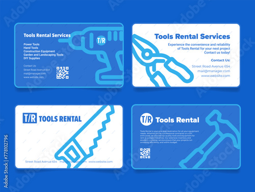 Tools rental service construction and garden equipment business card design template set vector